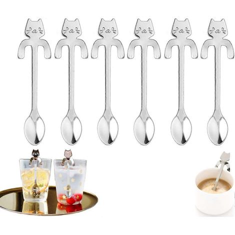 Lot de 6 cuillères à café en acier inoxydable 304, motif chat, cuillères à thé et à dessert, idéales pour l'eau, le thé, le lait et le café. (1/4)