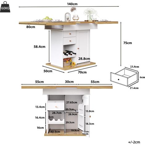 Esstisch Teleskoptisch(110-140×80cm), klappbarer Küchentisch für 4-6 Personen, Ausziehbarer Esstisch ,platzsparender Küchentisch,für Küche und Wohnzimmer, Tisch mit Snackregal und Weinregal, weiß (1/5)