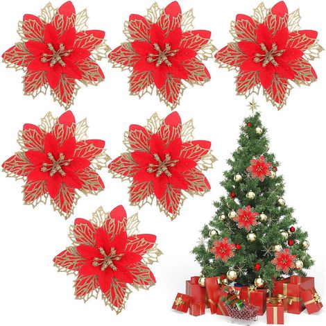 Lot de 6 fleurs artificielles pour sapin de Noël, décorations en plastique-14X14X3CM-Red (1/3)