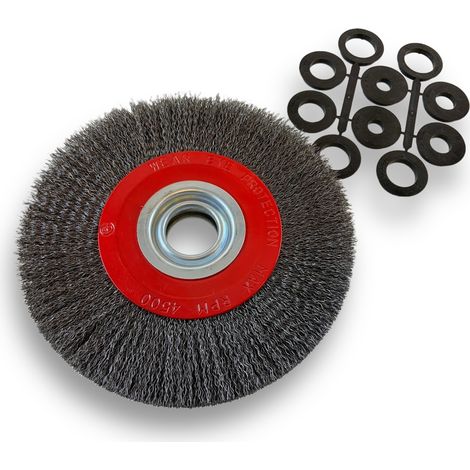 Brosse circulaire ACIER Ø 200 mm Epaisseur 3 rangs Fil dur 0.30 mm ondulé Alésage 32 mm + réducteur bague 25/22/20/16/12 mm Touret meuleuse affûteuse ponceuse Kibros 238203AT (1/5)