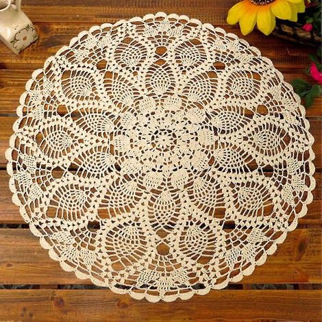 Nappe ronde en dentelle de coton ajourée, 60 cm, crochetée à la main, beige (1/4)