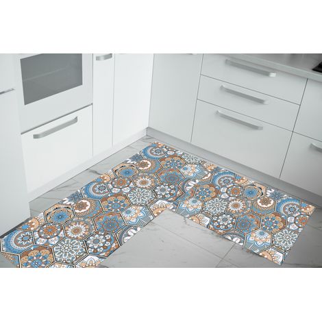 Set di 2 tappeti da cucina antiscivolo e lavabili in lavatrice passatoia multiuso Esagoni Celesti - 50x90+50x180 (1/2)