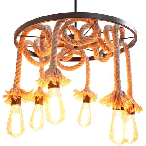 Lámpara Colgante Vintage Lámpara de Techo Cuerda de Cáñamo, Iluminación con Rueda de Carreta E27 para Dormitorio Cocina Comedor Negro 6 Luces 1PCS