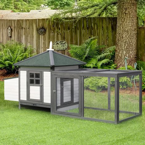 Pollaio PawHut per galline nane, 196 x 76 x 97 cm. Casetta per galline con nido, recinto, posatoio, piccola casetta per animali in legno, colore grigio.
