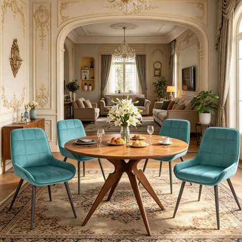 Chaises de salle à manger lot de 4 en velours turquoise, assise rembourrée, pieds en métal HAVRYA (1/5)