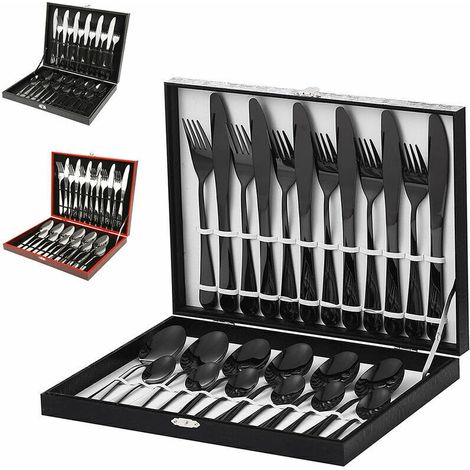 Ménagère Couverts Acier Inoxydable 24 Pièces 6 Personnes, Poids Léger de Gamme Ménagère Cuillère Fourchette Couteau Couverts De Table Noir. (1/5)