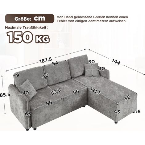 Canapé d'angle convertible 3 places, méridienne inclinable 144 cm, tissu velours chenille premium, assise moelleuse en mousse résiliente, charge max 150 kg, livré avec 2 coussins, parfait pour studio  (1/5)