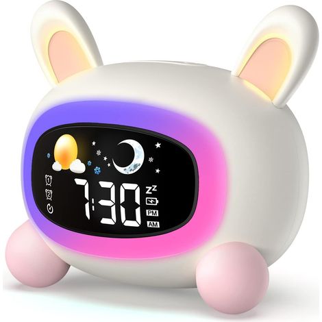 Horloge-réveil pour enfants - Entraîneur de sommeil et veilleuse, 7 musiques, 5 lumières à couleurs changeantes, horloge numérique rechargeable USB
