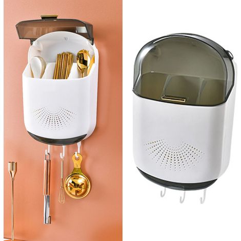Porte-baguettes mural anti-poussière, 3 compartiments, grande capacité, boîte de rangement pour ustensiles avec couvercle, blanc (1/5)