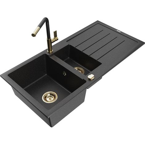 Mexen Andres évier en granit 1,5 cuve avec égouttoir et robinet de cuisine Flora, noir/argent - 6515-73-670401-57-G (1/5)
