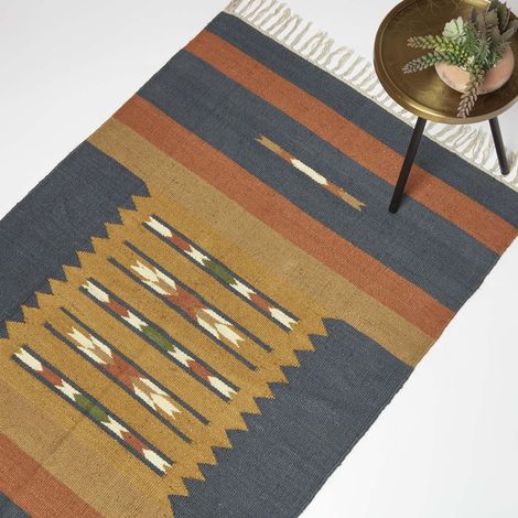 HOMESCAPES Lundi Orange & Blue Kilim Cotton & Jute Rug 90 x 150 cm