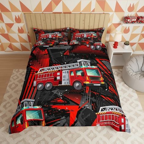 Housse de couette 155 x 220 cm, motif voiture de pompier, pour fille et garçon, décoration de chambre à coucher, rouge et noir (1/5)