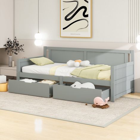 Cama individual estilo moderno 90x200 cm de madera gris con 2 cajones, cabecero y somier de láminas (1/5)