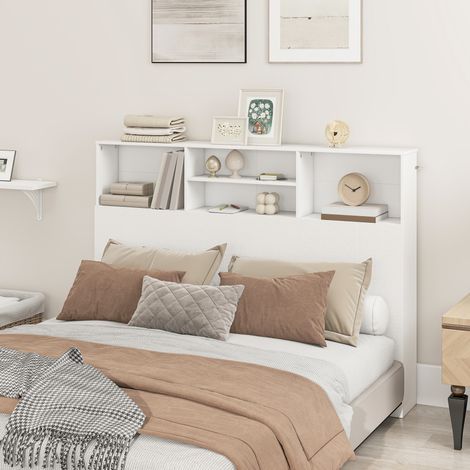 Tête de lit sur pied avec rangements, accessoire de lit 4 compartiments ouverts, blanc, 140 x 19 x 103,5 centimètres