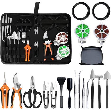 Kit d'outils pour bonsaï, kit de 20 pièces pour débutants en jardinage d'intérieur et culture de plantes succulentes, comprenant du fil à bonsaï, un tapis de rempotage et des ciseaux à bonsaï. (1/5)