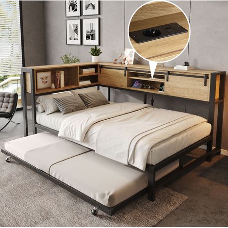 Metallbett 120x200 cm Schwarz+Natur aus Metall und Holz mit Ausziehbett, Stauraum-Kopfteil, Schiebetüren und Ladeanschluss (1/5)