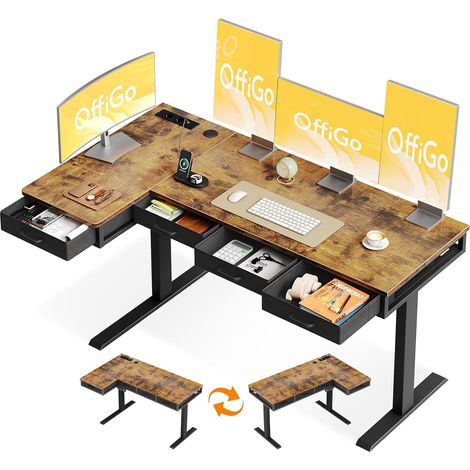 Bureau Angle Assis Debout Electrique avec 4 Tiroirs, 160cm, Marron (1/5)