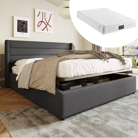 Letto contenitore matrimoniale 140x200 cm con materasso a molle, sollevamento idraulico, rete a doghe, in lino grigio (1/5)