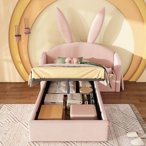 Cama infantil tapizada con mesita y almacenaje rosa OKMYHOME (1/5)