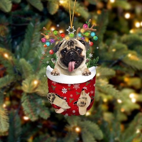 LAN Autre décoration pour Noël,Décoration de Noël en forme de carlin fauve dans une poche de neige, renne carlin, décoration d'arbre à suspendre, pour les amoureux des chiens, accessoires de voiture,