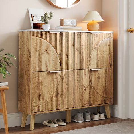 Scarpiera con 4 ribalte per 16-24 paia, piano effetto marmo e pannelli 3D effetto legno, piedi in legno massello, mobile ingresso 105 x 24 x 95,5 cm