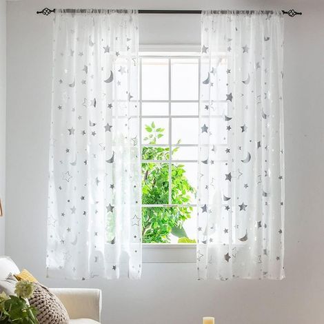Rideaux de fenêtre semi-transparents de 1 m de long pour chambre de fille, chambre à coucher, joli motif lune et étoiles, rideaux transparents en tulle, 2 panneau, 1 m x 1,3 m (1/2)