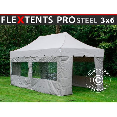 Pop up gazebo FleXtents PRO Steel "Peaked" 3x6 m Latte, incl. 6 sidewalls
