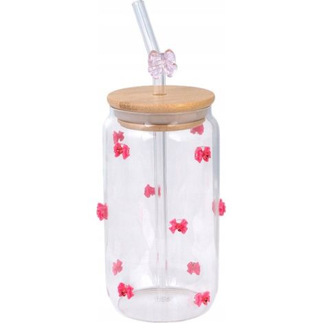 Ecarla Glas mit Strohhalm und Bambusdeckel 460 ml Rosa Schleifen mit Strasssteinen SZK135 (1/3)