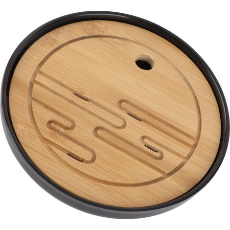 Plateau à thé rond en bambou avec récipient en mélamine, plateau de service et sous-théière, set à thé avec évacuation et réservoir d'eau, article maison 20 cm (1/5)