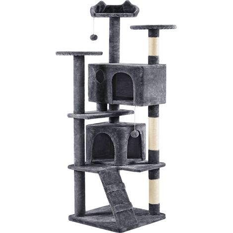 Yaheetech Albero Tiragraffi per Gatti 178 cm con 3 Posatoi 2 Palle 2 Condomini 3 Tiragraffi a Corda di Sisal Gioco Giocattolo Grigio Scuro