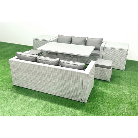 Fimous Rattan Garden Furniture Set 8 Seater Outdoor Sofa Set with Dining Table 2 Side Tables 2 Small Footstools Light Grey Mixed