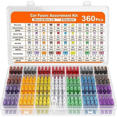 Compatible avec les kits de fusibles de 360 pièces, comprenant 160 mini fusibles à lames, 90 fusibles standard, 50 micro fusibles et 60 fusibles Micro2 (2A-40A), boîtier en aluminium. (1/5)