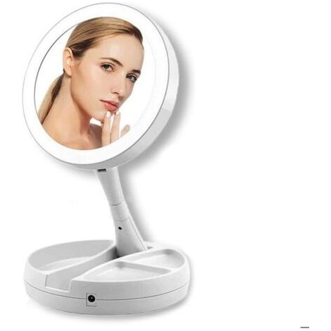 Miroir de maquillage double face grossissant 10X pliable avec lumière LED pour salle de bain (1/4)