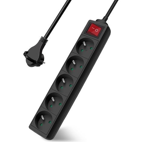 Power Strip with 5 Outlets, 3m Cable, Switch, Child Safety Lock, Flat Plug, Indoor Use (1/5)