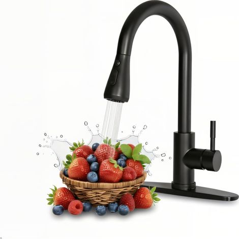 Grifo de cocina negro con rociador extraíble, monomando, de acero inoxidable, apto para fregaderos de estilo rústico, autocaravanas, lavaderos y bares. (1/5)