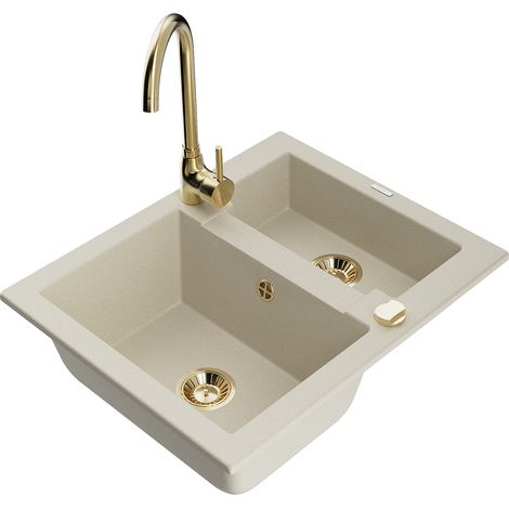 Mexen Carlos lavello da cucina in granito 1,5 vasca con rubinetto Telma, beige - 6518-69-670200-50 (1/5)