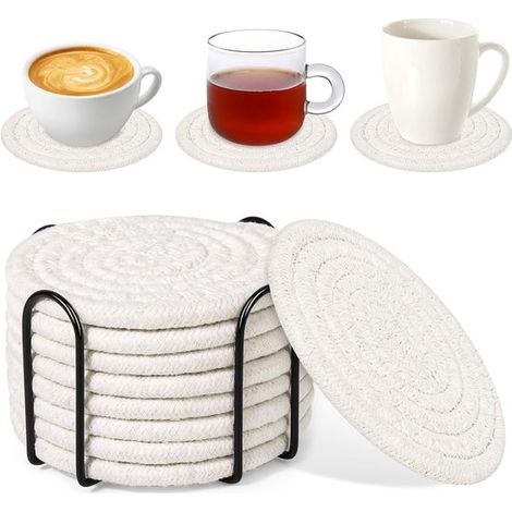 Set mit 8 Untersetzern inkl Aufbewahrungsgestell wasserabsorbierende Untersetzer geeignet für Couchtische minimalistisches Set aus gewebten für 11 cm (1/5)