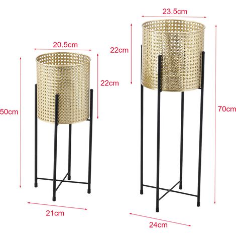 Juego de 2 soportes para plantas, macetero, bandeja para flores, jarrón de metal, diferentes tamaños, negro dorado 030006047