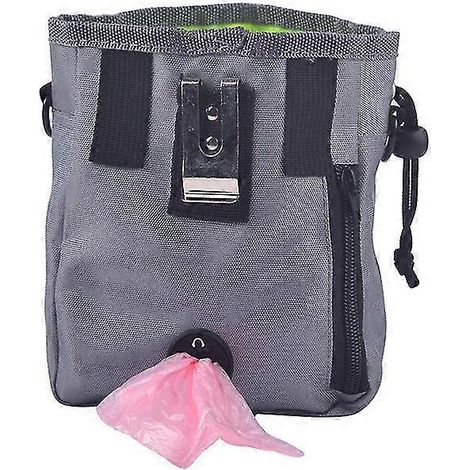 Pochette d'entraînement pour chien avec distributeur de sacs à déjections intégré. Transporte facilement jouets, croquettes et friandises. Disponible en gris. 3 façons de la porter. (1/5)