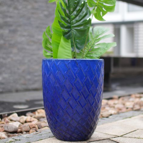 Grand pot en céramique bleu roi motif losange, 42x54 cm, artisanal, poreux, anti-gel, avec drainage, idéal pour plantes d'intérieur et extérieur, grand contenant décoratif. (1/5)