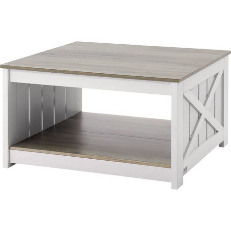 Table basse carrée de style campagnard de 80 cm (31,5 po), avec compartiment de rangement ouvert, table basse rustique en bois pour salon, chambre, appartement, studio, gris et blanc (1/5)
