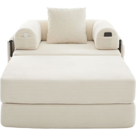 Sofá modular de pana beige con puf, cojín y bolsillo lateral (1/5)