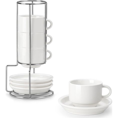 Juego de 4 tazas de café para 4 personas, 90 ml, apilables, con platillo y soporte metálico, ideal para espresso, capuchino, latte, moca y té, color blanco