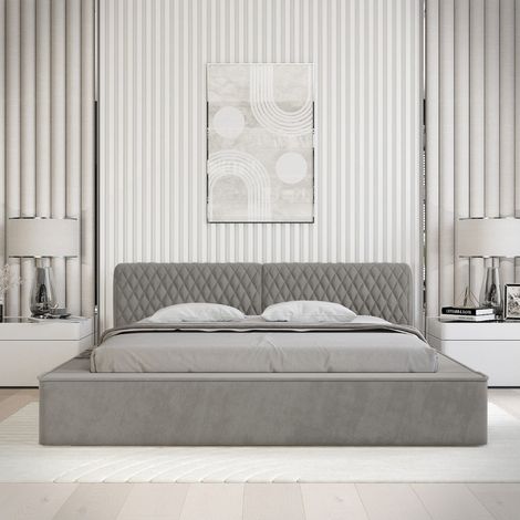 Cama con canapé VERNON - Tela chenilla rizada Ceniza topo - 140x200 cm - Somier elevable - Diseño de alta gama
