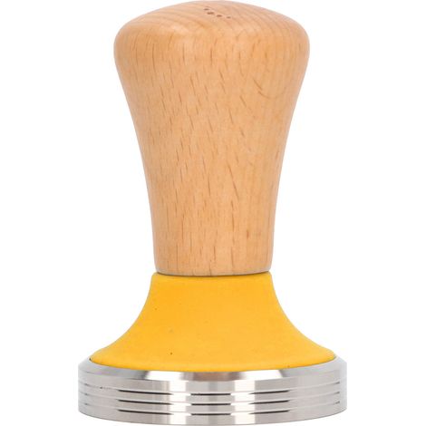 Tampon à café en bois de qualité alimentaire, durable et antirouille, facile à nettoyer avec manche ergonomique pour baristas, diamètre 51mm/2.0 pouces, couleur jaune.