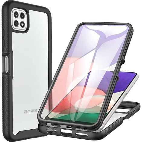 Coque Samsung A22 5G, Antichoc Housse avec Protection d'écran, 360° Protégé Téléphone Etui Double Face Case Robuste Transparent Portable Intégrale Coque pour Samsung Galaxy A22 5G - Noir
