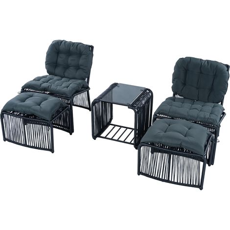 Salon de Jardin Résine Tressée 5 Pièces, Ensemble Balcon Table en Verre 2 Chaises et 2 Poufs, Mobilier de Jardin Noir et Gris (1/5)