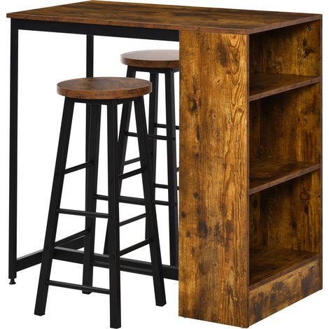 Industrial Bar Table Set for 2, 3 Pieces Pub Table and Bar Stools with Storage Shelf for Kitchen
