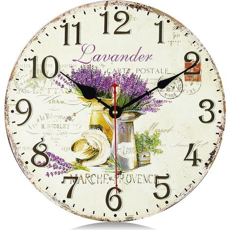 30cm Horloge Murale Lavande Vintage Bois, Silencieuse Pendule Murale Floral Retro, Shabby Chic Rond Déco sans Tic-tac pour Salon Chambre Cuisine Bureau (1/5)