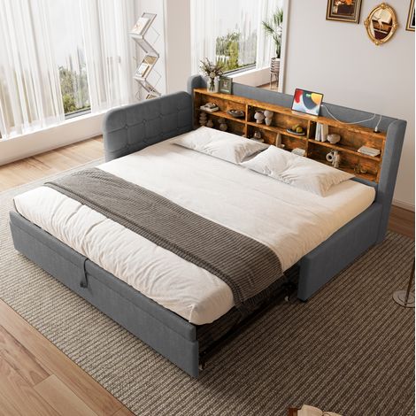 MEUBLIV Cama 90x200 cm gris – cama nido con USB y almacenaje, sin colchón (1/5)